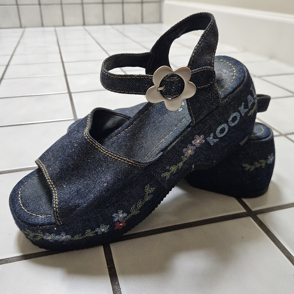 90’s Vintage Kookai Denim Platform Sandals with Flower Embroidery Size 8 1/2